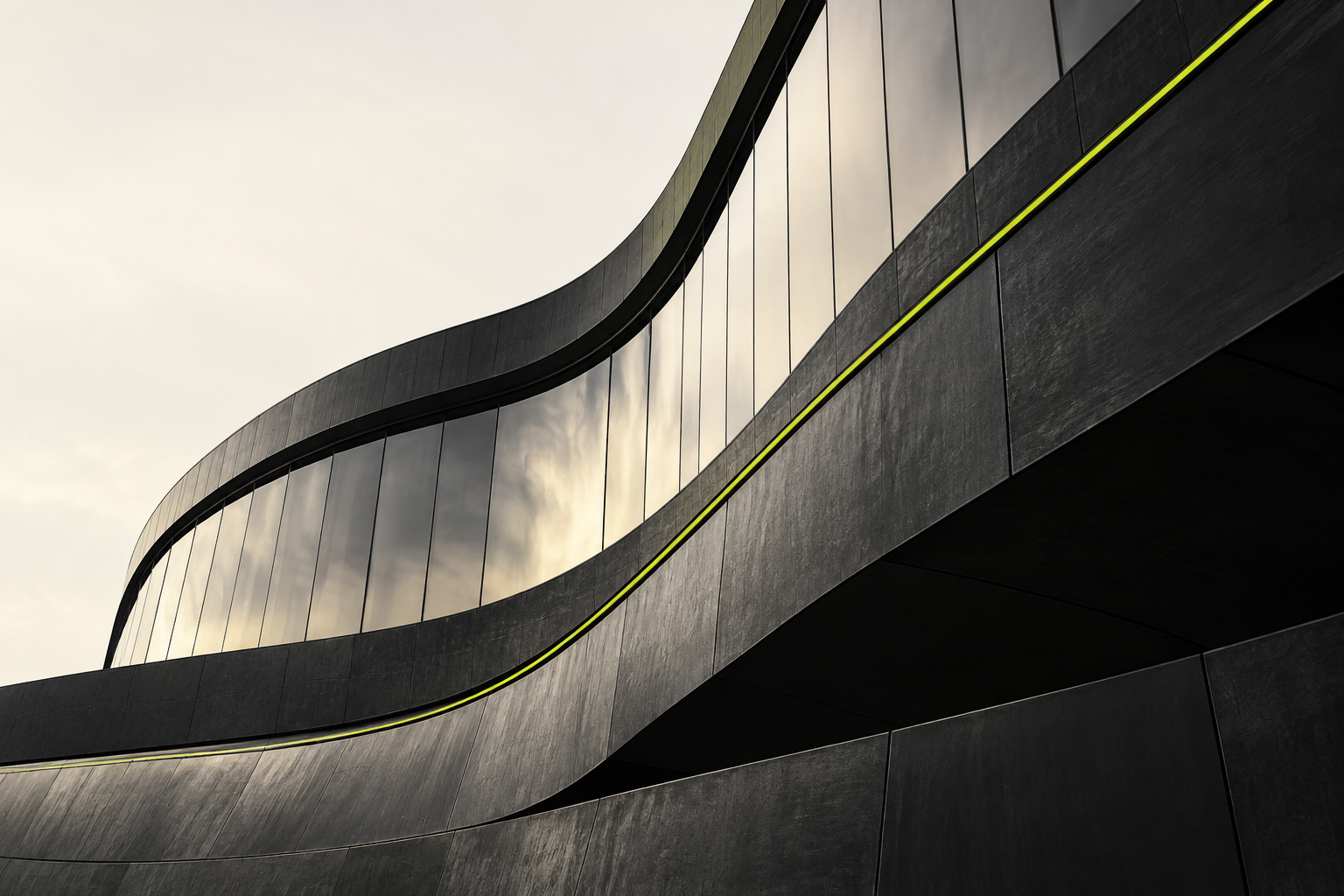 Sculptural charcoal architecture with a bright Signal-green seam.